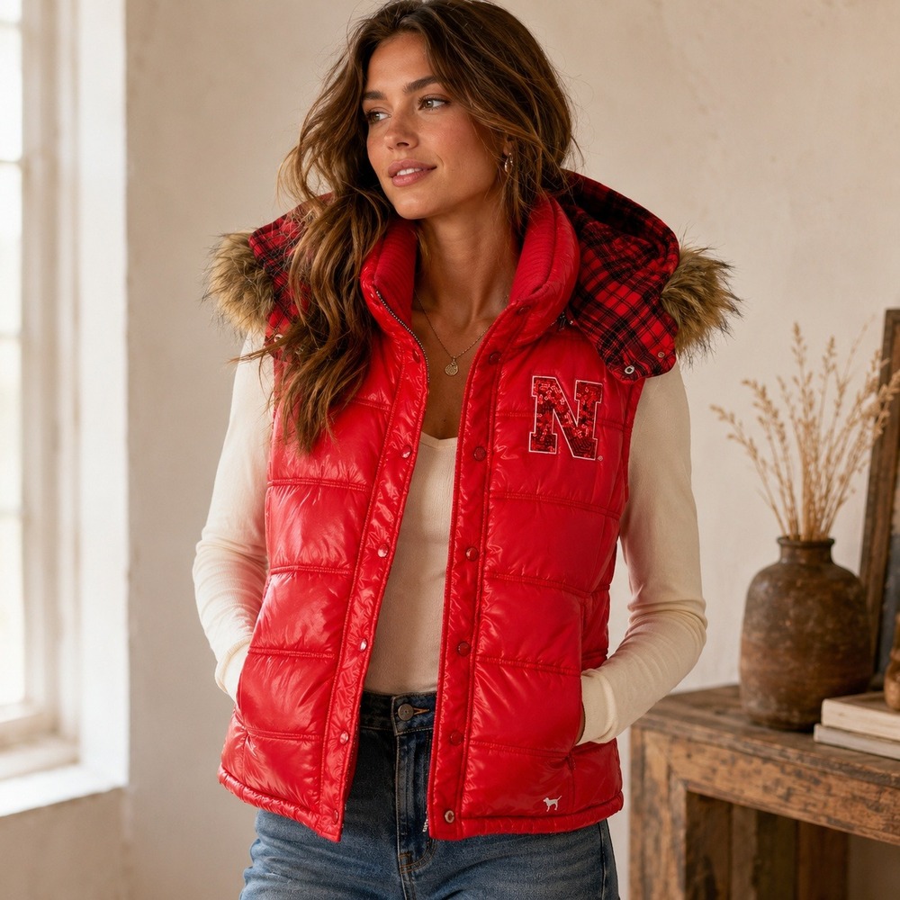 Victorias Secret PINK 5th & Ocean Nebraska Huskers Puffer Vest L Y2K Sequin Hood
